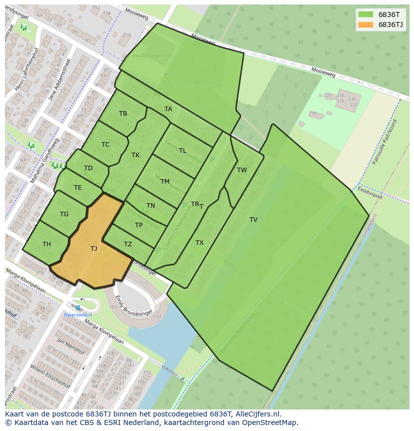 Afbeelding van het postcodegebied 6836 TJ op de kaart.