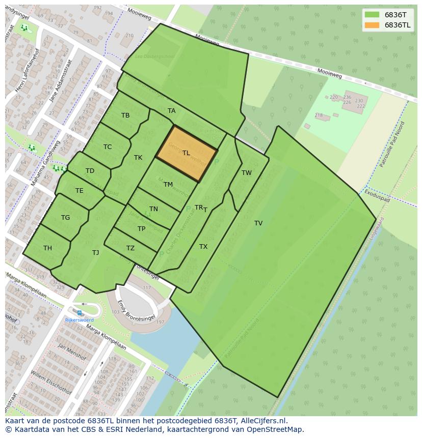 Afbeelding van het postcodegebied 6836 TL op de kaart.