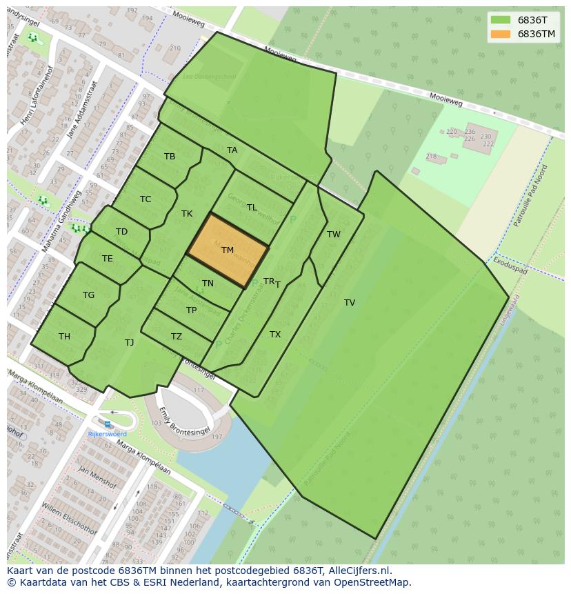 Afbeelding van het postcodegebied 6836 TM op de kaart.