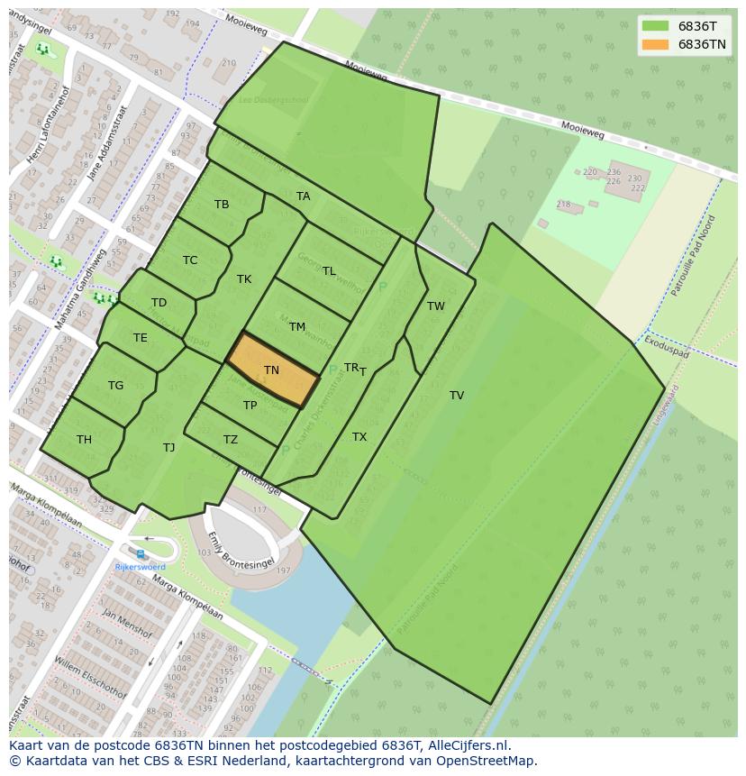 Afbeelding van het postcodegebied 6836 TN op de kaart.