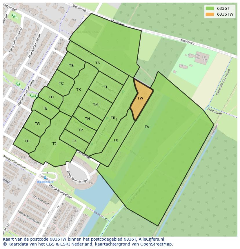 Afbeelding van het postcodegebied 6836 TW op de kaart.