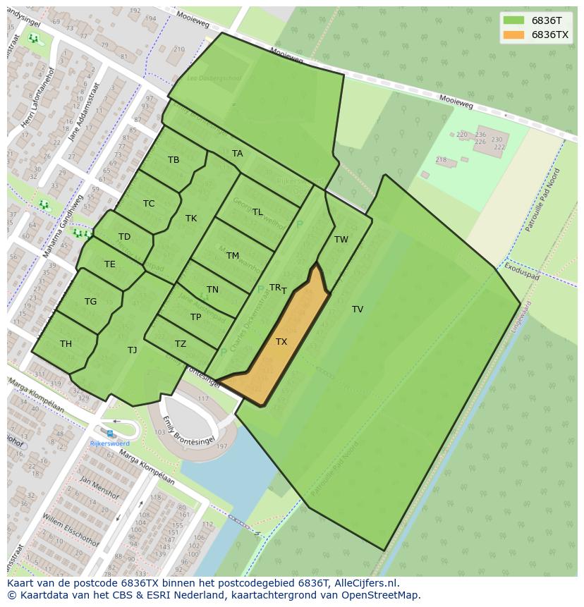 Afbeelding van het postcodegebied 6836 TX op de kaart.