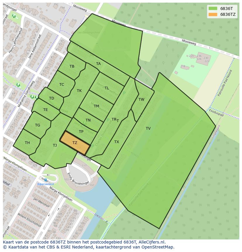 Afbeelding van het postcodegebied 6836 TZ op de kaart.