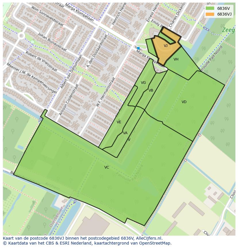 Afbeelding van het postcodegebied 6836 VJ op de kaart.