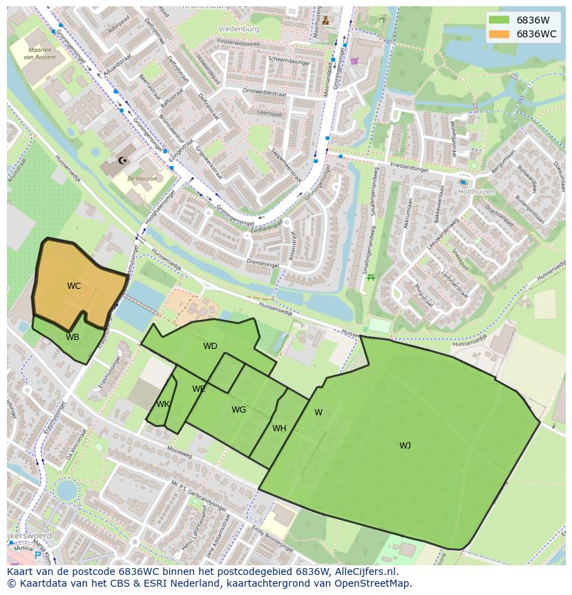 Afbeelding van het postcodegebied 6836 WC op de kaart.