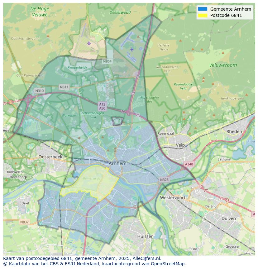 Afbeelding van het postcodegebied 6841 op de kaart.