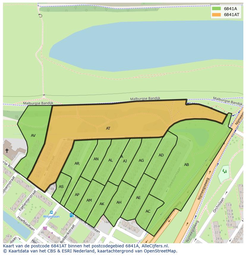 Afbeelding van het postcodegebied 6841 AT op de kaart.
