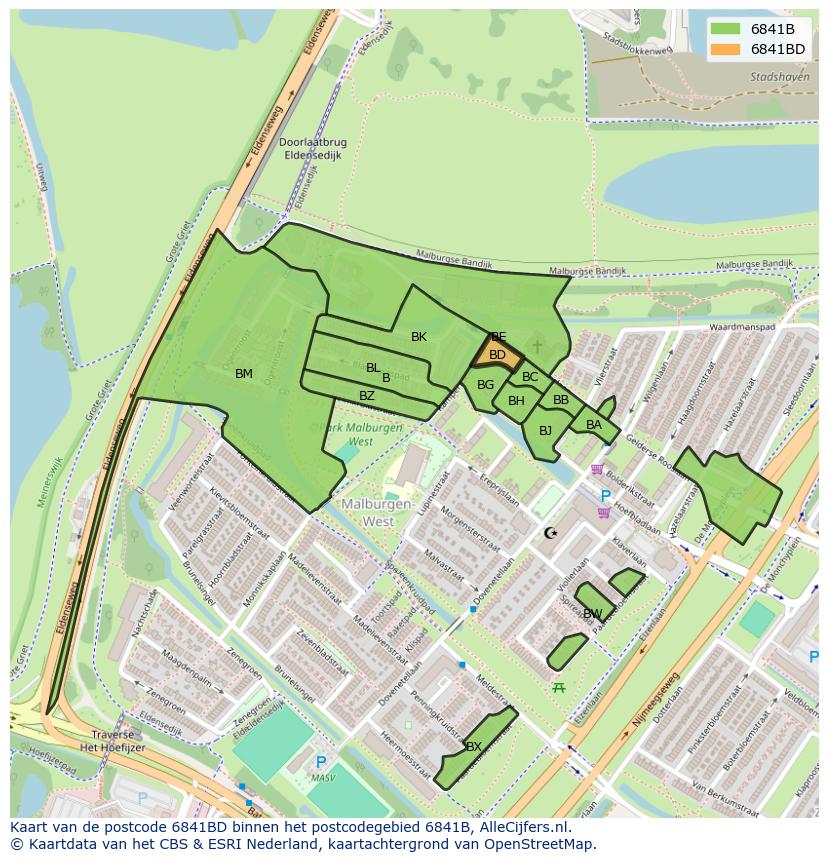 Afbeelding van het postcodegebied 6841 BD op de kaart.