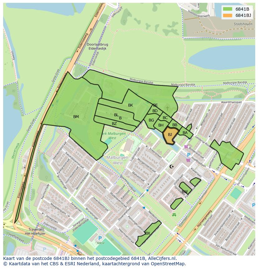Afbeelding van het postcodegebied 6841 BJ op de kaart.