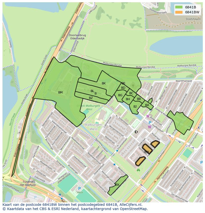 Afbeelding van het postcodegebied 6841 BW op de kaart.