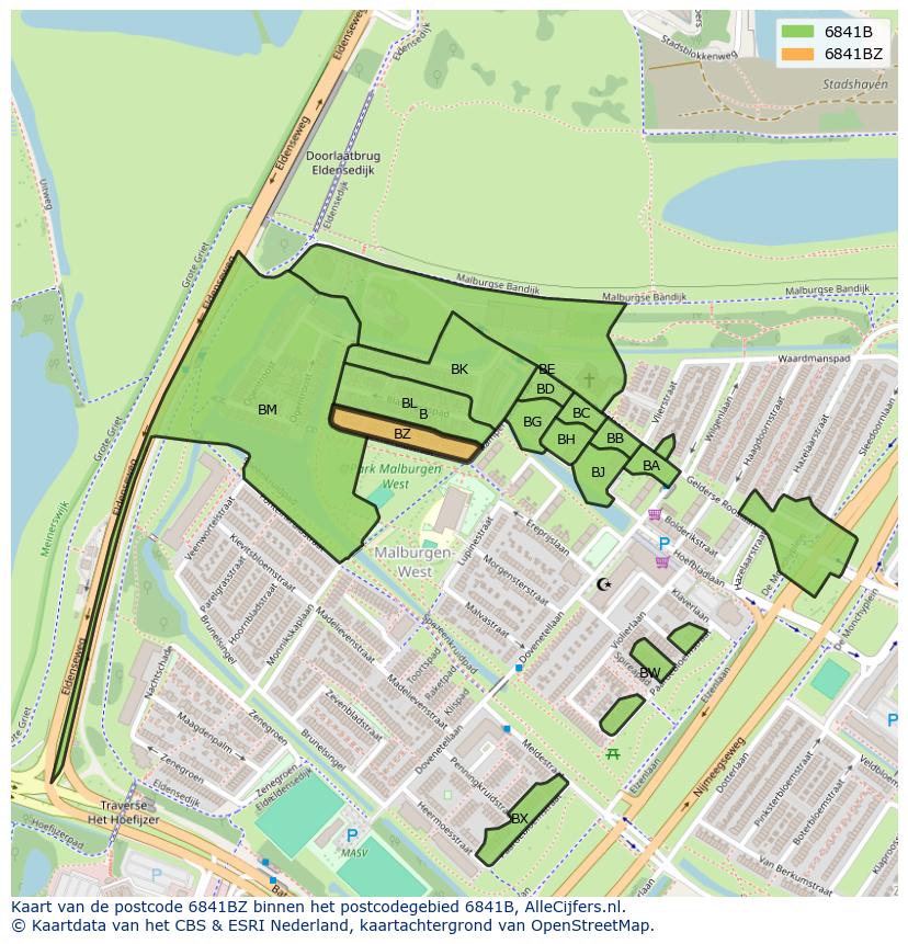 Afbeelding van het postcodegebied 6841 BZ op de kaart.