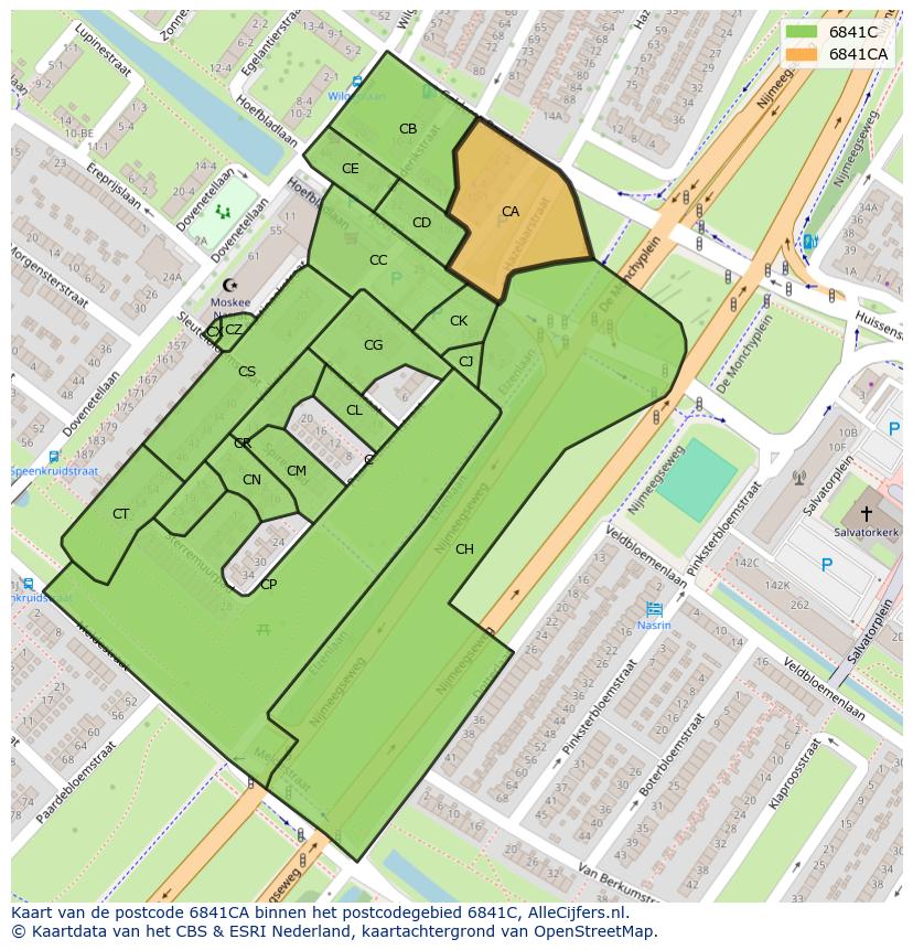 Afbeelding van het postcodegebied 6841 CA op de kaart.