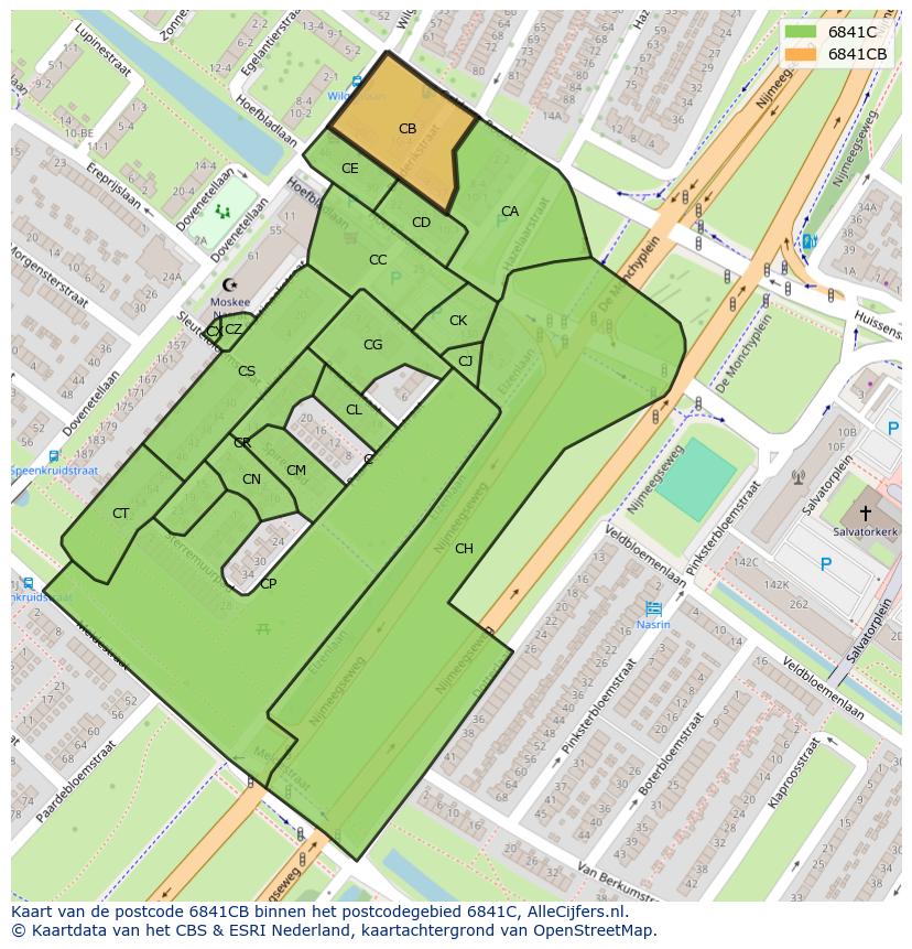 Afbeelding van het postcodegebied 6841 CB op de kaart.