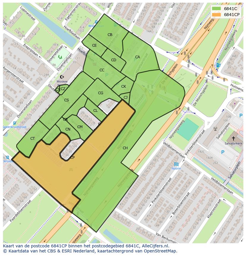 Afbeelding van het postcodegebied 6841 CP op de kaart.