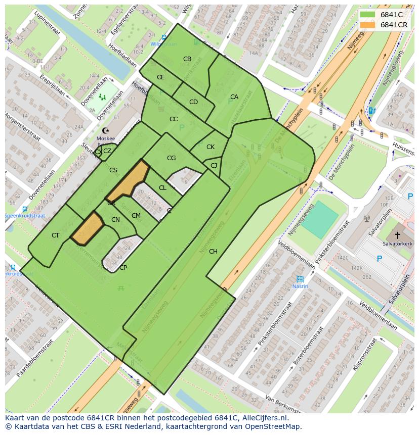 Afbeelding van het postcodegebied 6841 CR op de kaart.