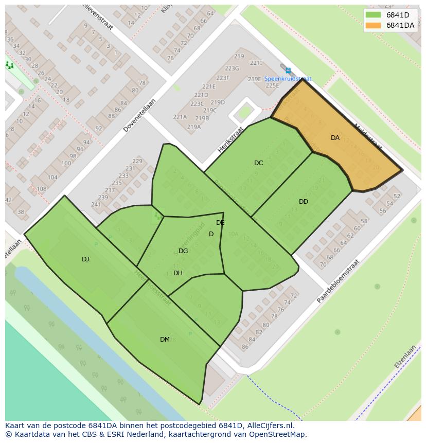 Afbeelding van het postcodegebied 6841 DA op de kaart.