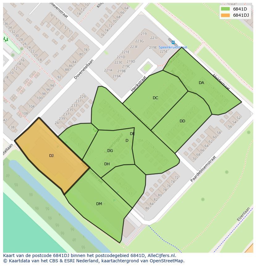 Afbeelding van het postcodegebied 6841 DJ op de kaart.