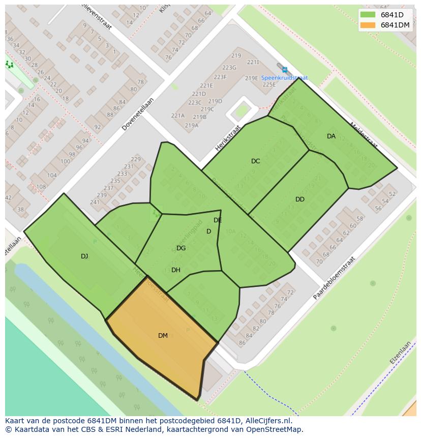 Afbeelding van het postcodegebied 6841 DM op de kaart.