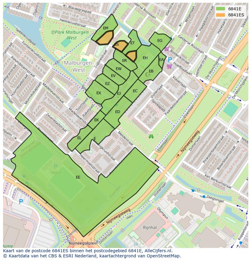 Afbeelding van het postcodegebied 6841 ES op de kaart.