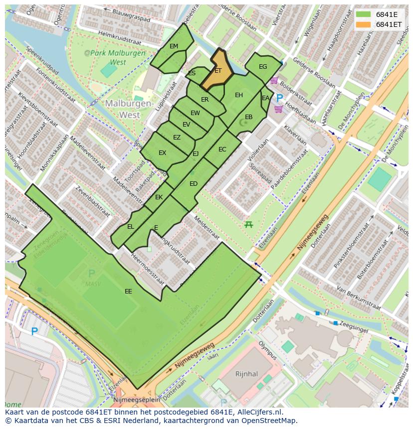 Afbeelding van het postcodegebied 6841 ET op de kaart.