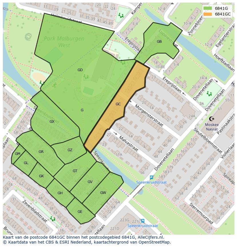 Afbeelding van het postcodegebied 6841 GC op de kaart.