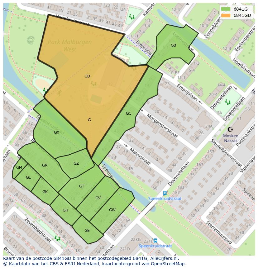 Afbeelding van het postcodegebied 6841 GD op de kaart.