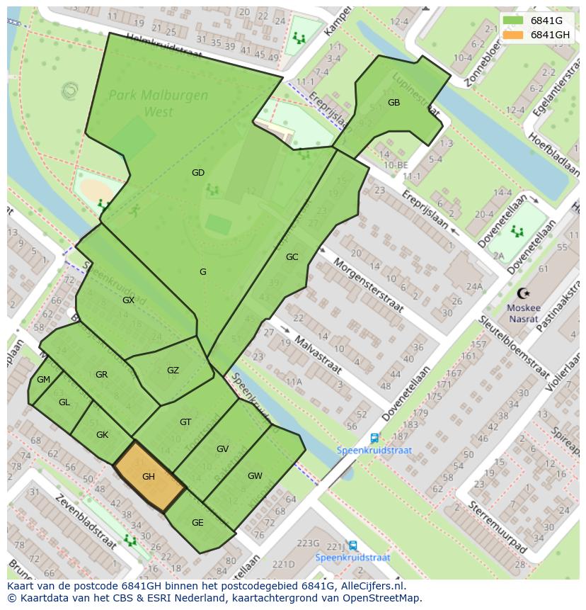 Afbeelding van het postcodegebied 6841 GH op de kaart.