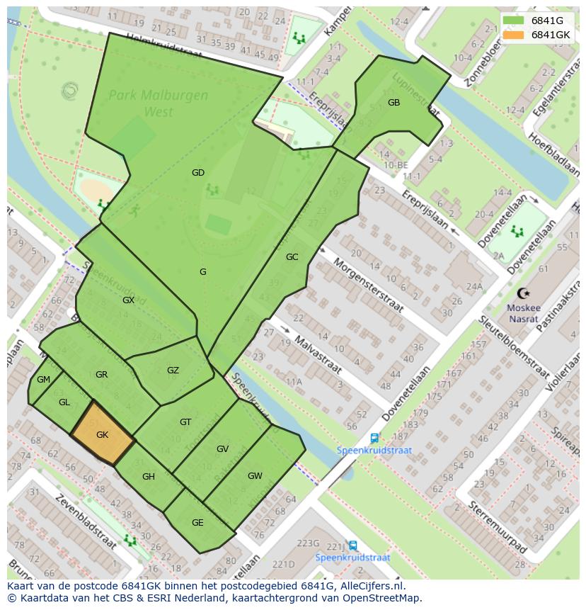 Afbeelding van het postcodegebied 6841 GK op de kaart.