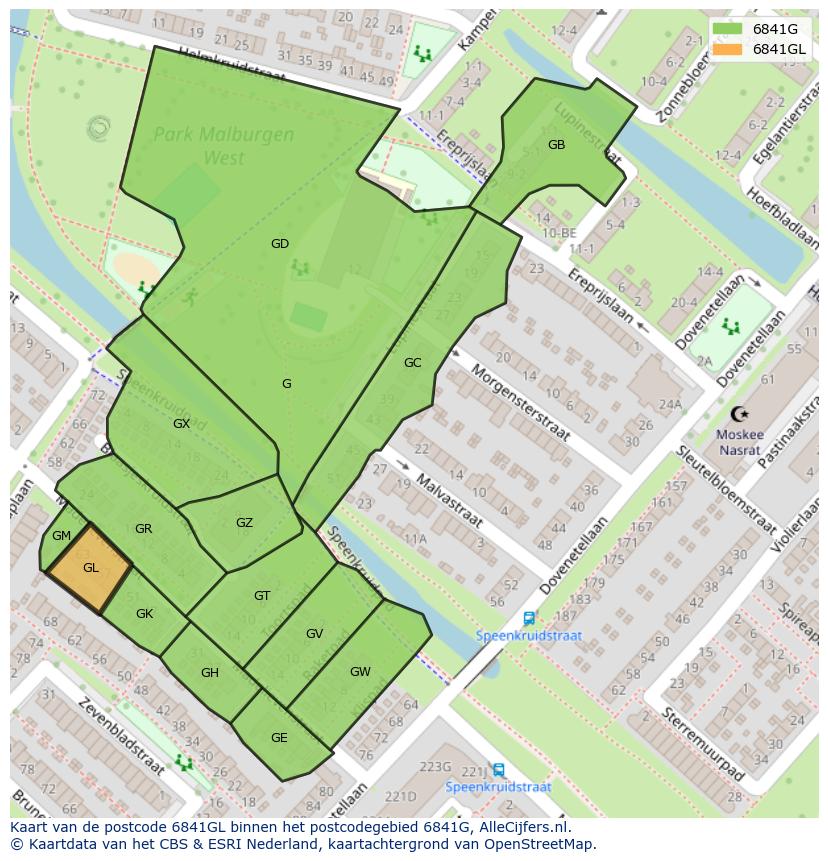 Afbeelding van het postcodegebied 6841 GL op de kaart.