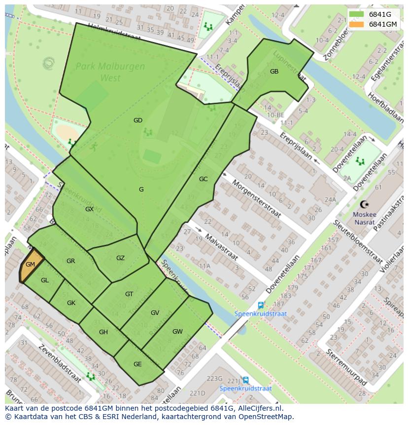 Afbeelding van het postcodegebied 6841 GM op de kaart.