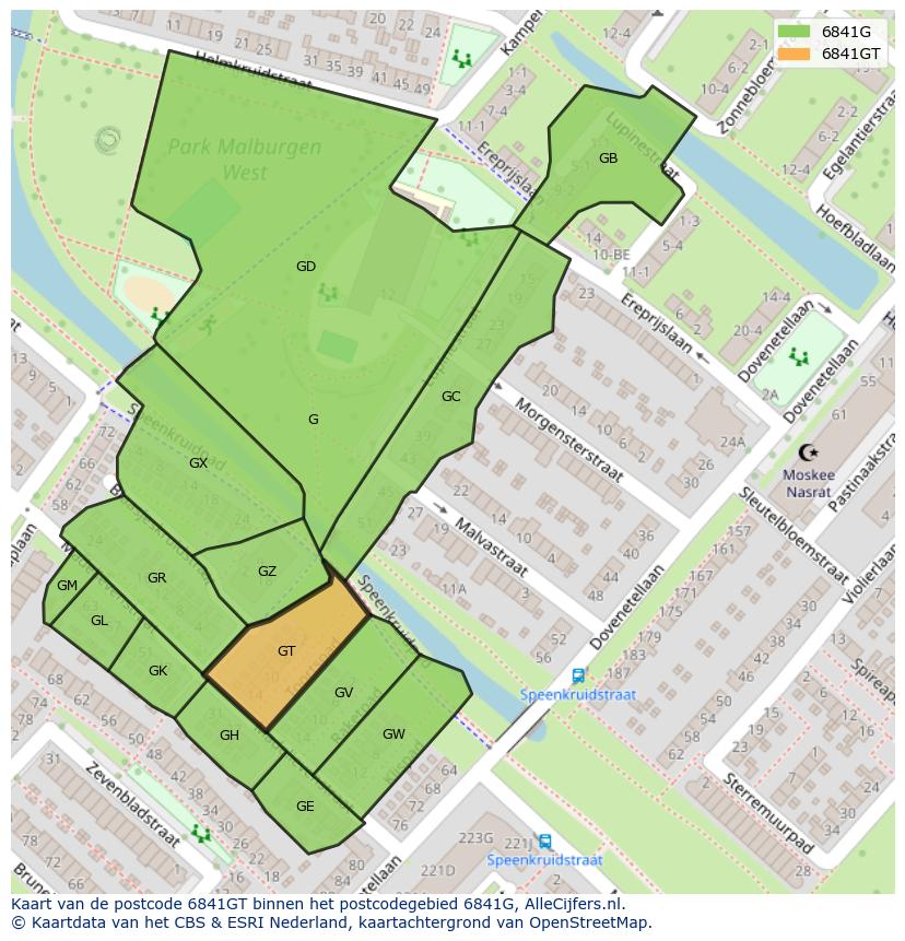 Afbeelding van het postcodegebied 6841 GT op de kaart.