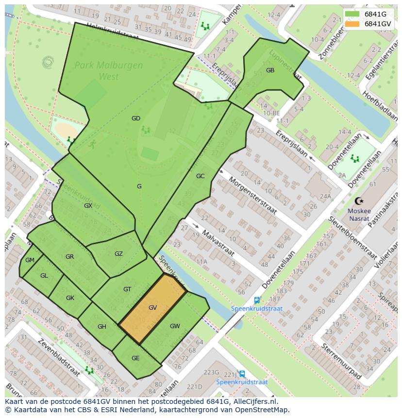 Afbeelding van het postcodegebied 6841 GV op de kaart.