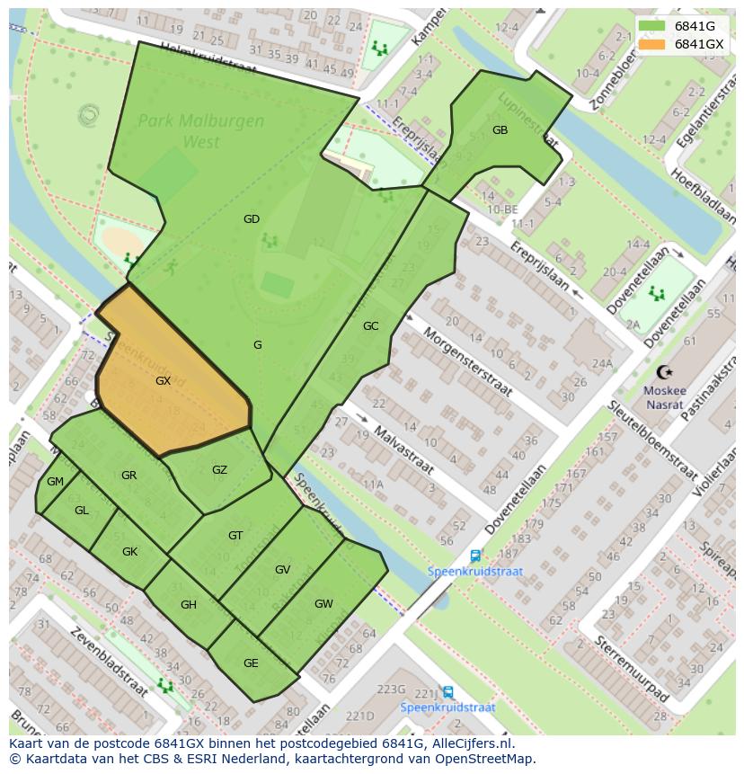 Afbeelding van het postcodegebied 6841 GX op de kaart.