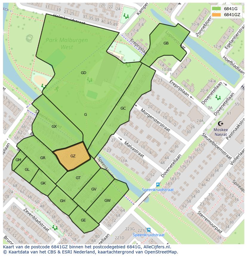 Afbeelding van het postcodegebied 6841 GZ op de kaart.