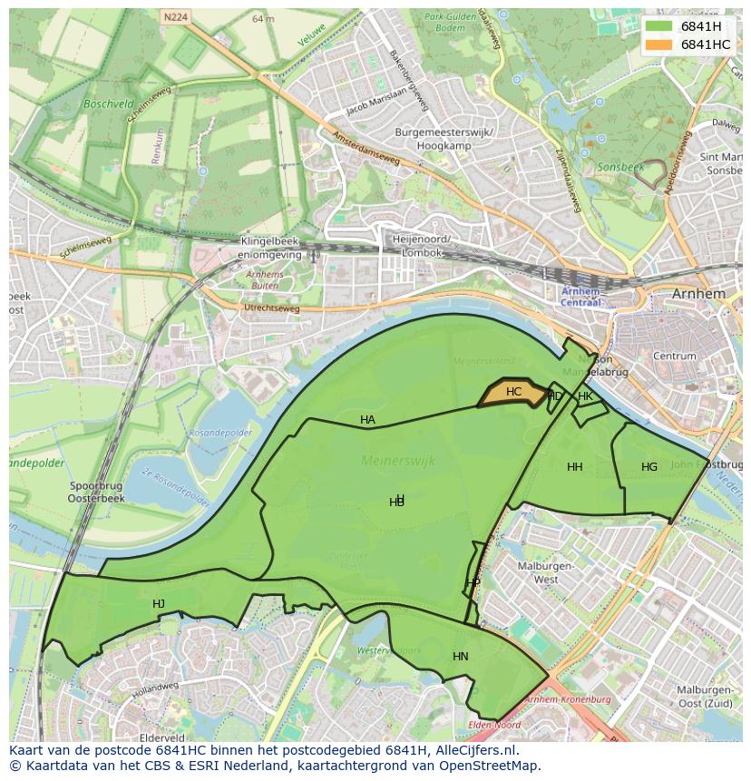 Afbeelding van het postcodegebied 6841 HC op de kaart.
