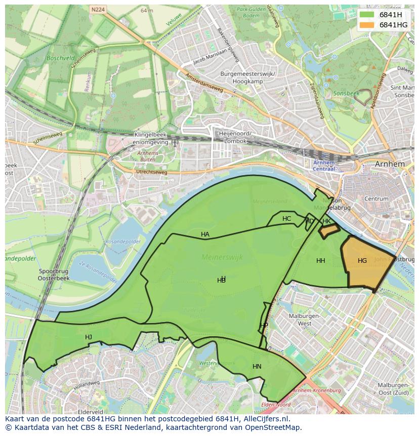Afbeelding van het postcodegebied 6841 HG op de kaart.