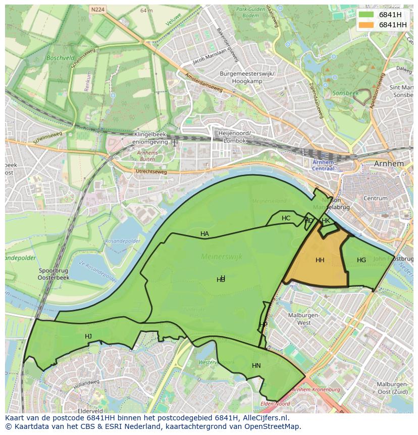 Afbeelding van het postcodegebied 6841 HH op de kaart.