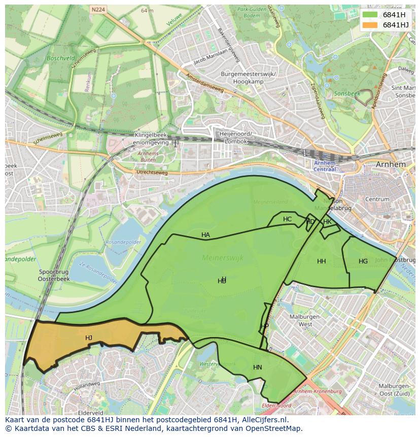 Afbeelding van het postcodegebied 6841 HJ op de kaart.