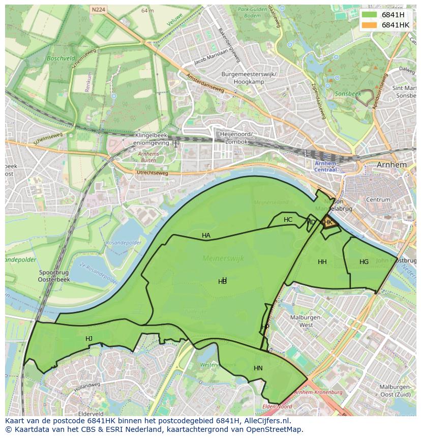 Afbeelding van het postcodegebied 6841 HK op de kaart.