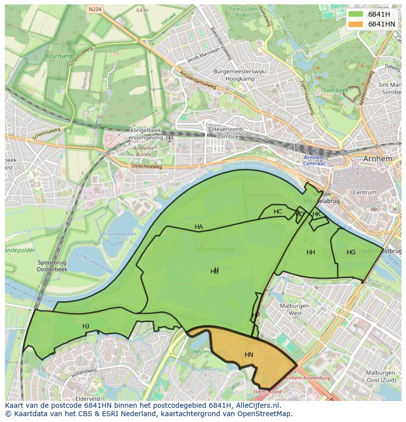Afbeelding van het postcodegebied 6841 HN op de kaart.