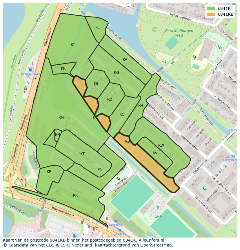 Afbeelding van het postcodegebied 6841 KB op de kaart.