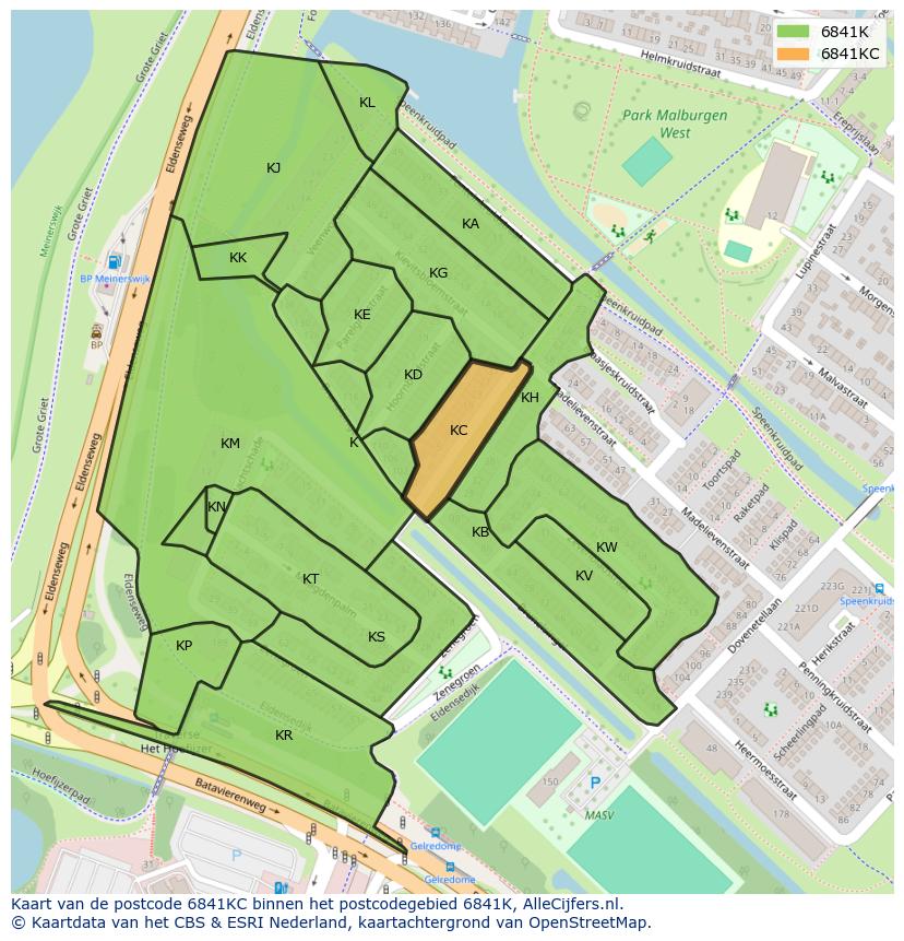 Afbeelding van het postcodegebied 6841 KC op de kaart.