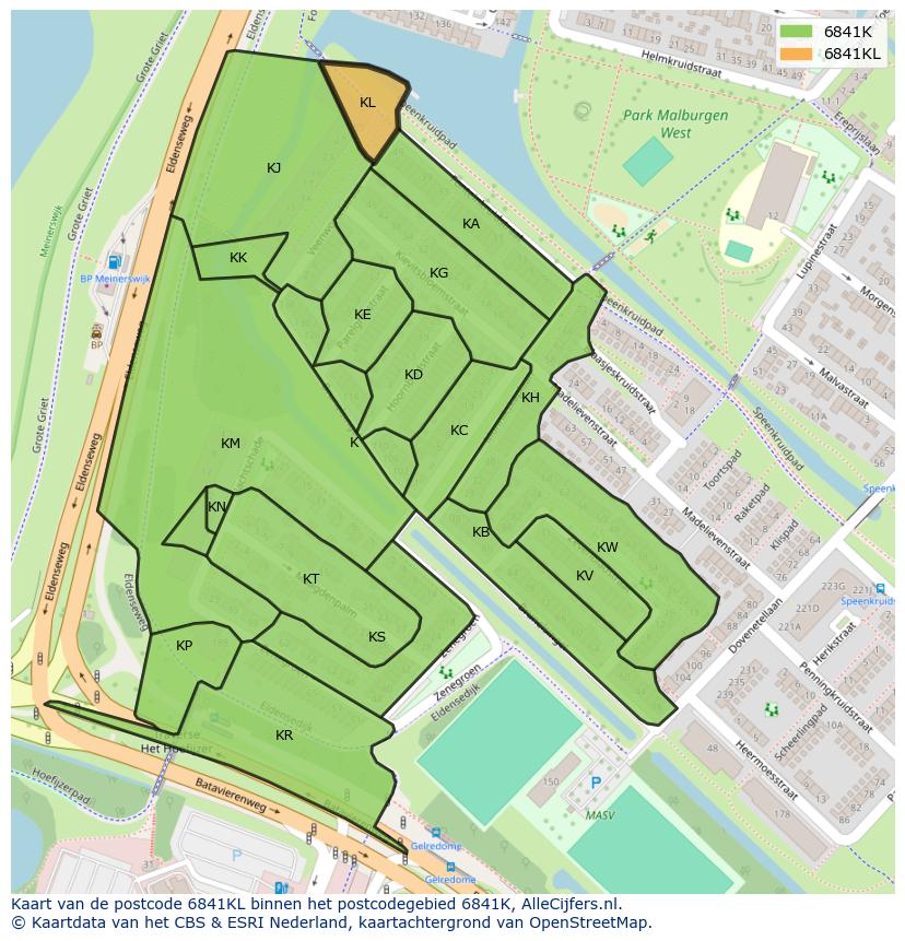 Afbeelding van het postcodegebied 6841 KL op de kaart.