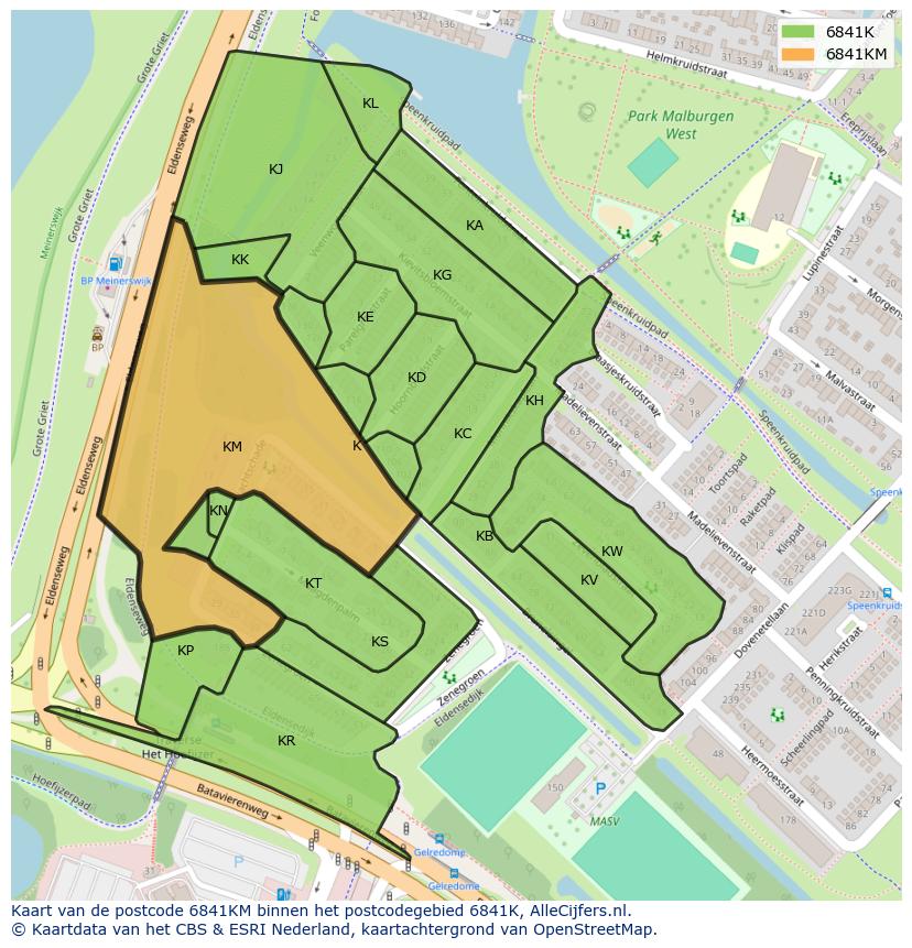 Afbeelding van het postcodegebied 6841 KM op de kaart.