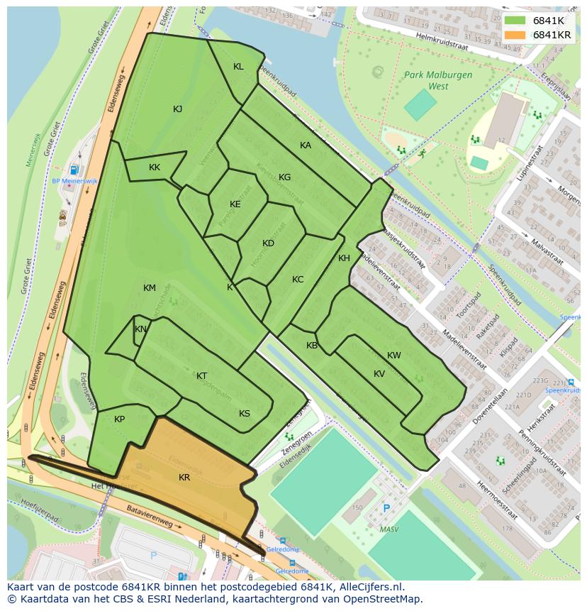 Afbeelding van het postcodegebied 6841 KR op de kaart.