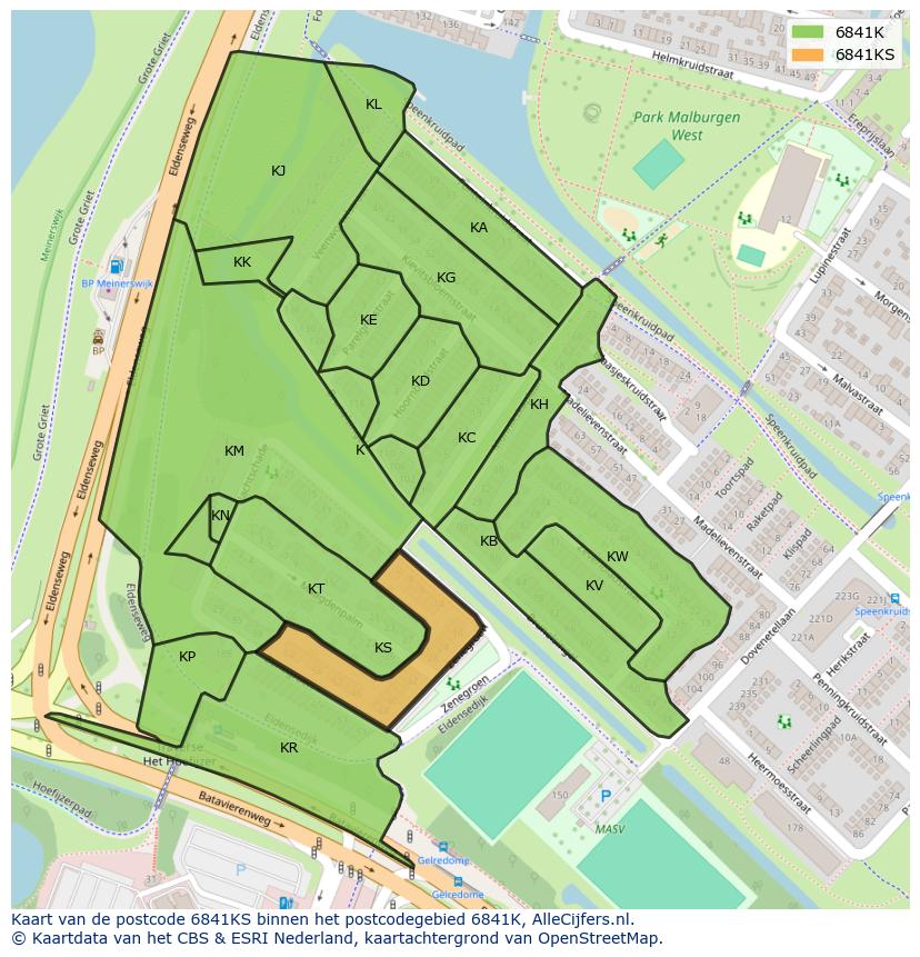 Afbeelding van het postcodegebied 6841 KS op de kaart.