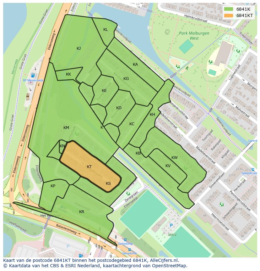 Afbeelding van het postcodegebied 6841 KT op de kaart.