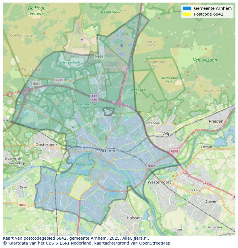 Afbeelding van het postcodegebied 6842 op de kaart.