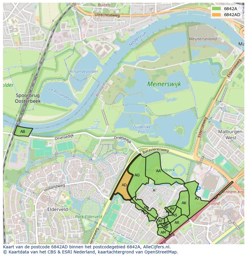 Afbeelding van het postcodegebied 6842 AD op de kaart.