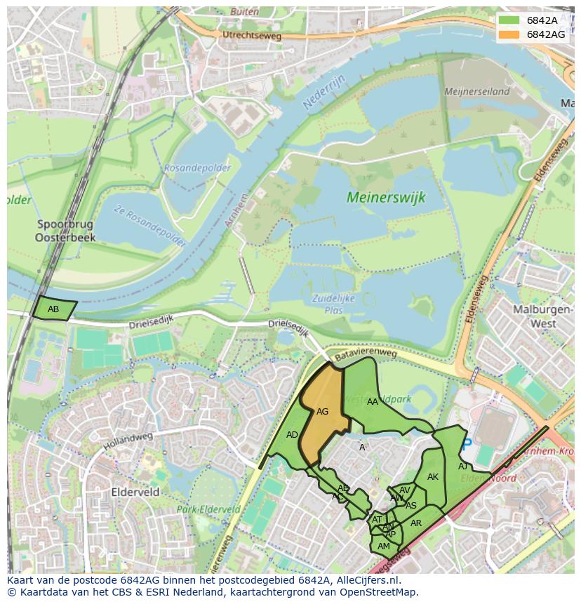 Afbeelding van het postcodegebied 6842 AG op de kaart.